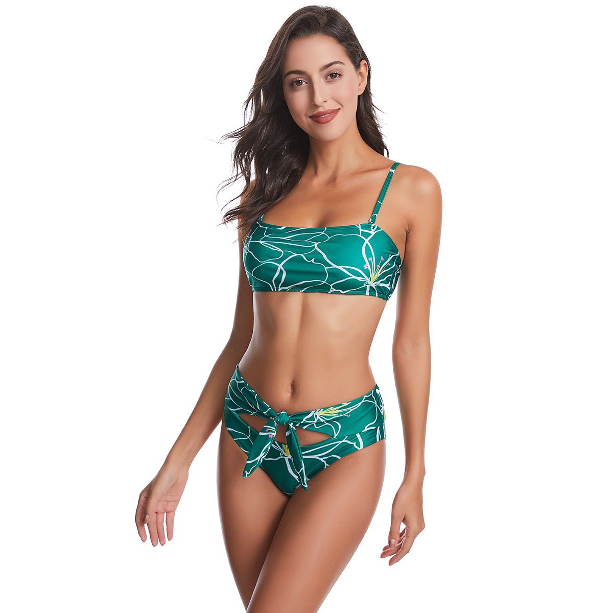 (image for) Floral Print Tie‑Knot Bikini Set Spaghetti Strap Bandeau Two‑Piece Women Swimsuit