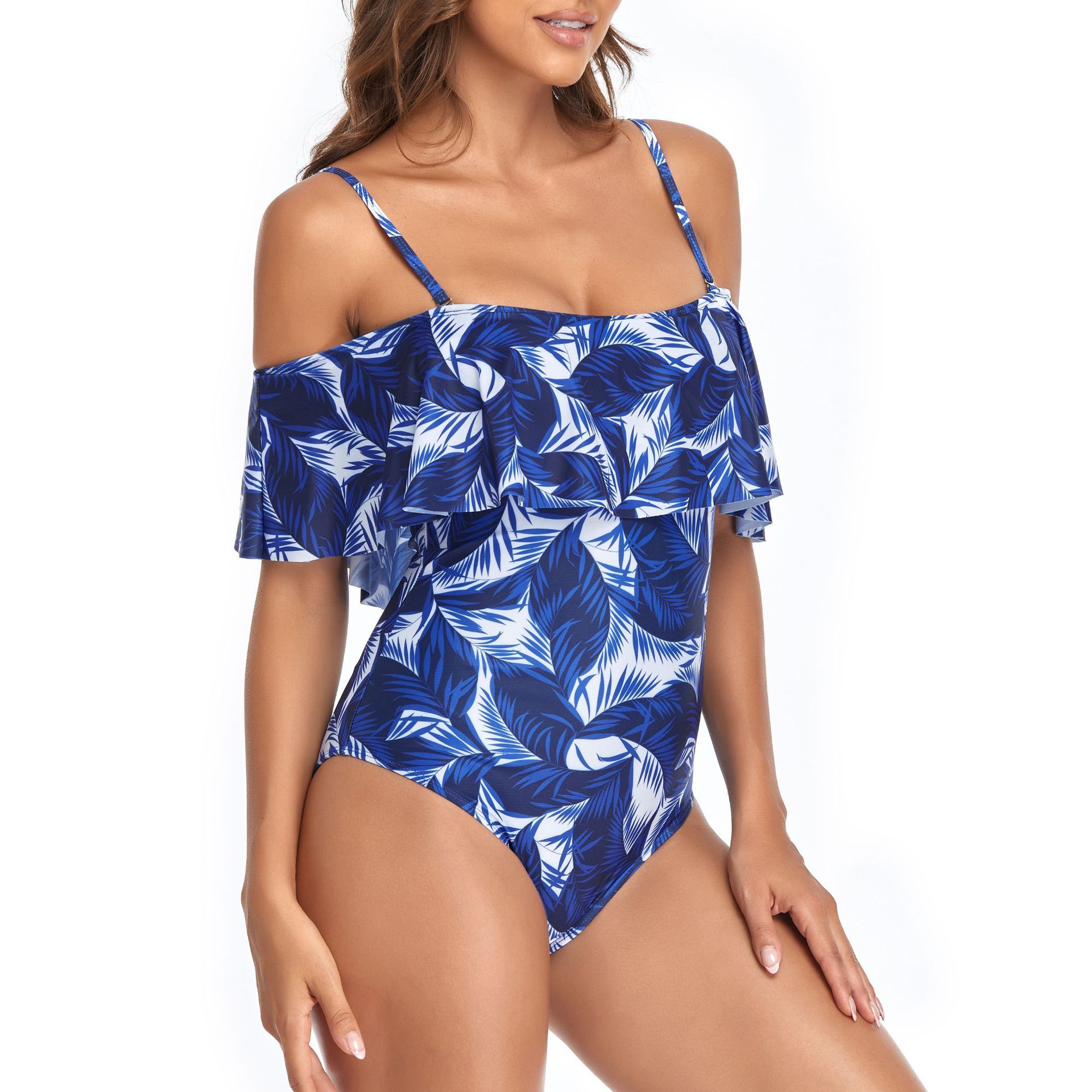 (image for) New Women Ruffle Off‑Shoulder Printed Conservative One‑Piece Swimsuit