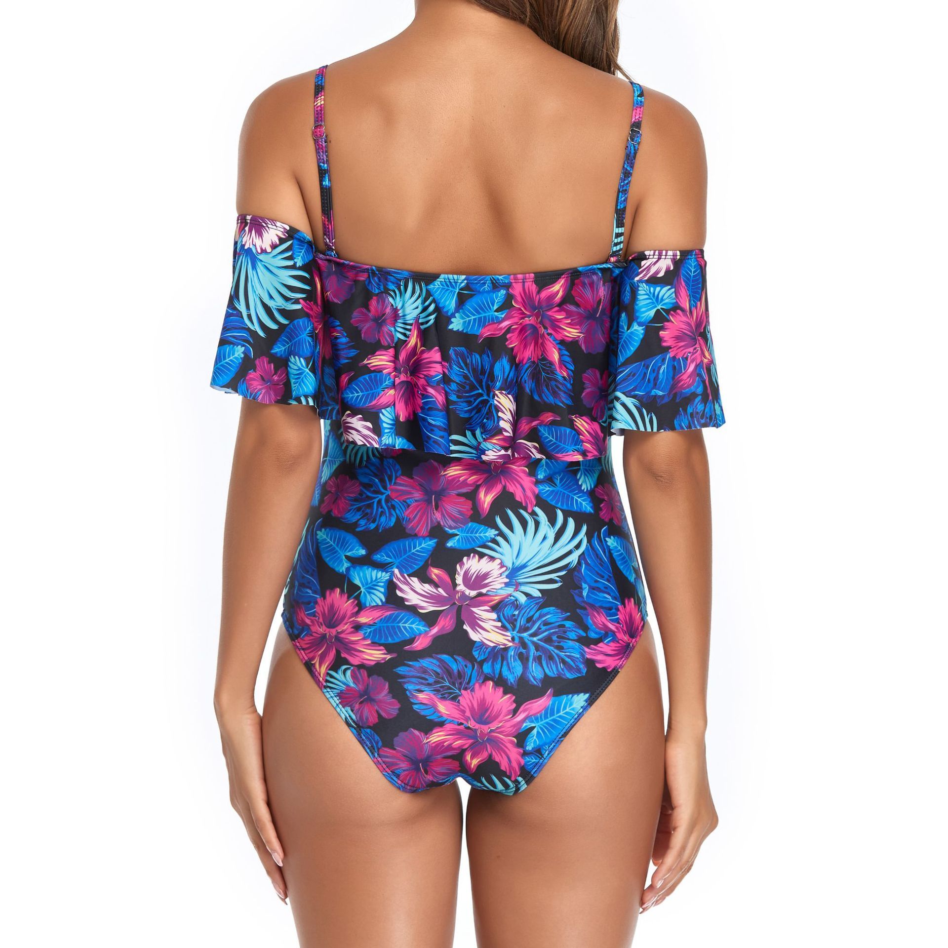 (image for) New Women Ruffle Off‑Shoulder Printed Conservative One‑Piece Swimsuit