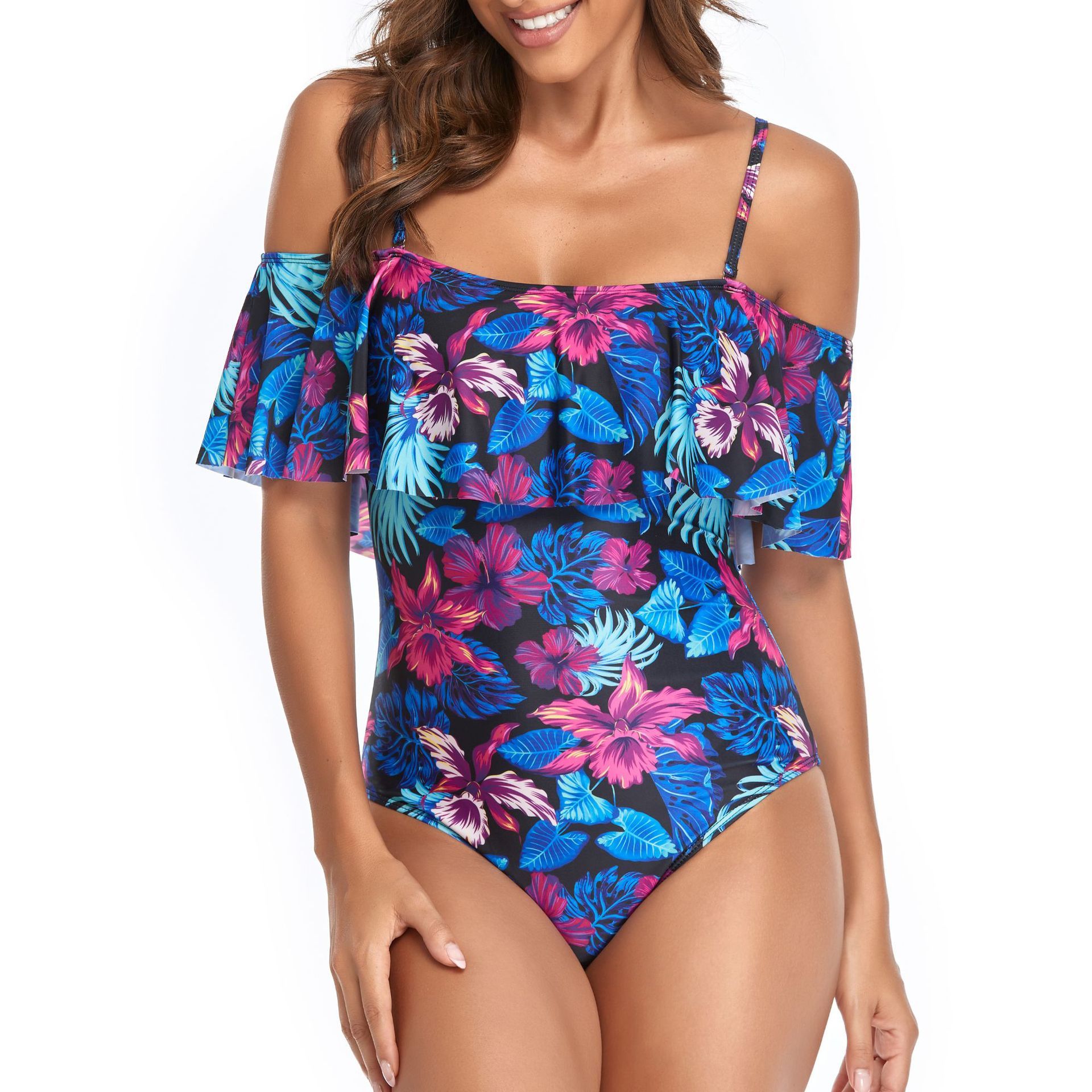 (image for) New Women Ruffle Off‑Shoulder Printed Conservative One‑Piece Swimsuit