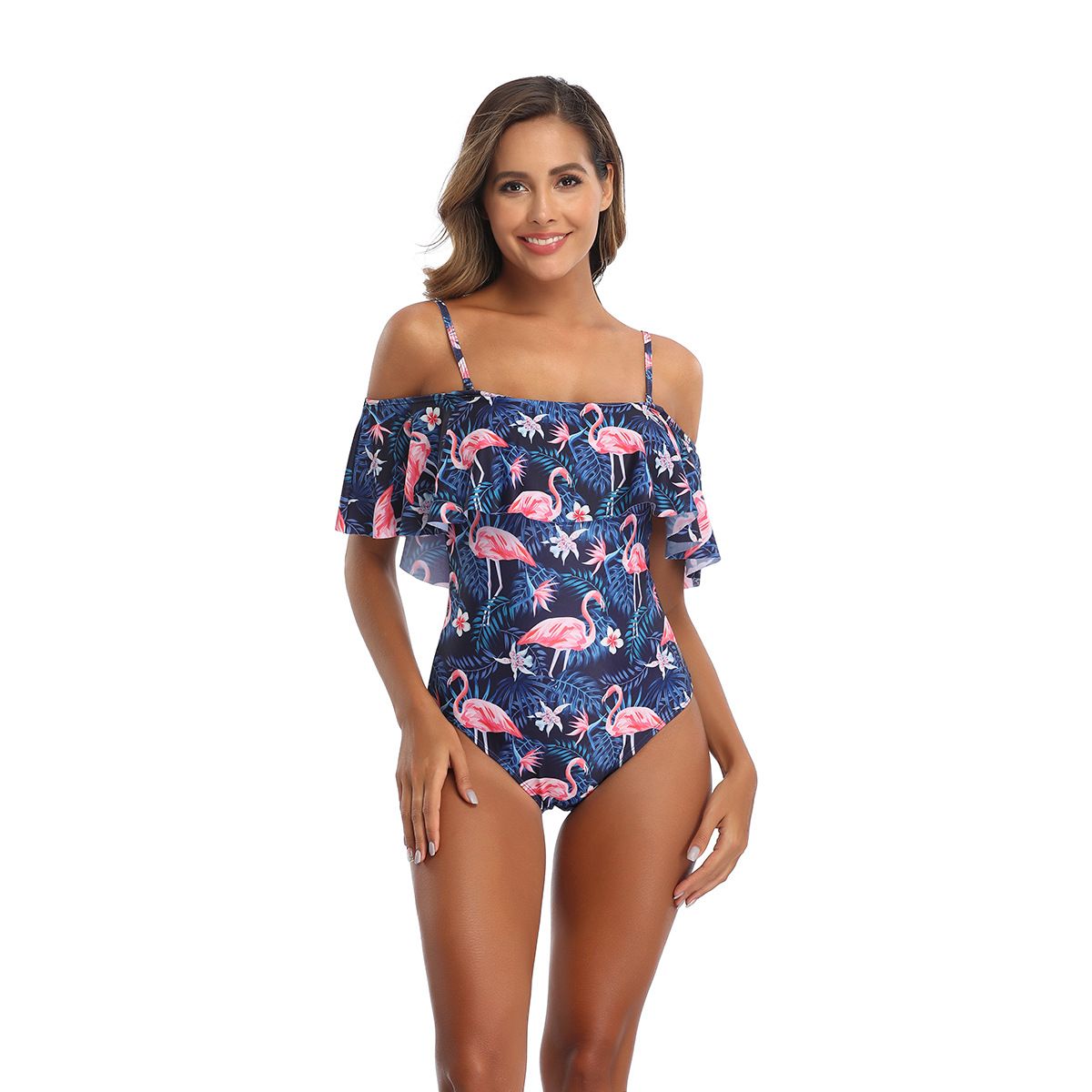 (image for) New Women Ruffle Off‑Shoulder Printed Conservative One‑Piece Swimsuit