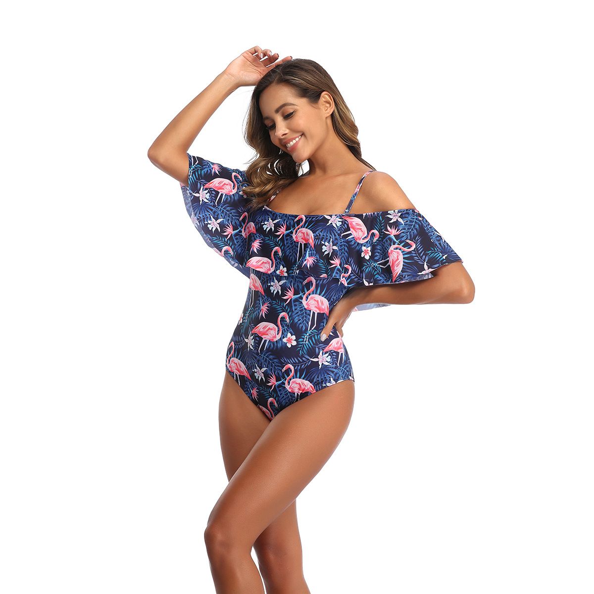 (image for) New Women Ruffle Off‑Shoulder Printed Conservative One‑Piece Swimsuit