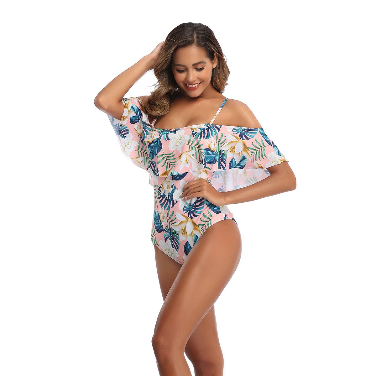 (image for) New Women Ruffle Off‑Shoulder Printed Conservative One‑Piece Swimsuit