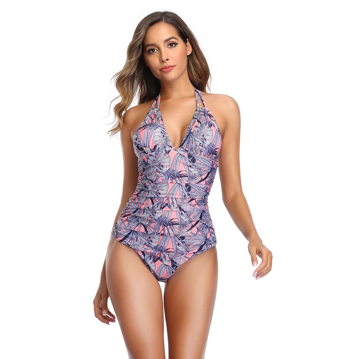 (image for) Women Halter V‑Neck One‑Piece Swimsuit, Tummy Control Conservative Bathing Suit
