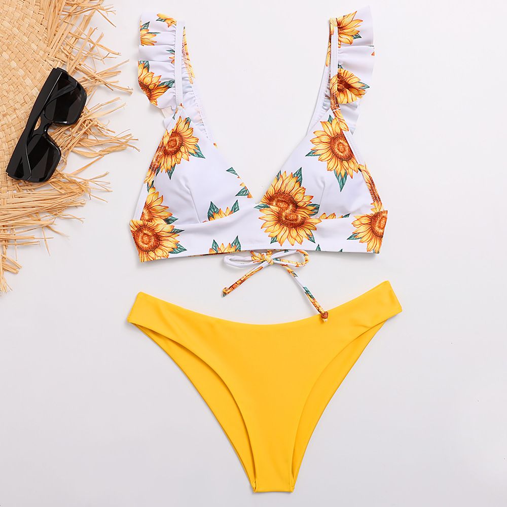(image for) Sunflower Print Ruffle Strap Triangle Bikini Set Two‑Piece Swimwear for Women