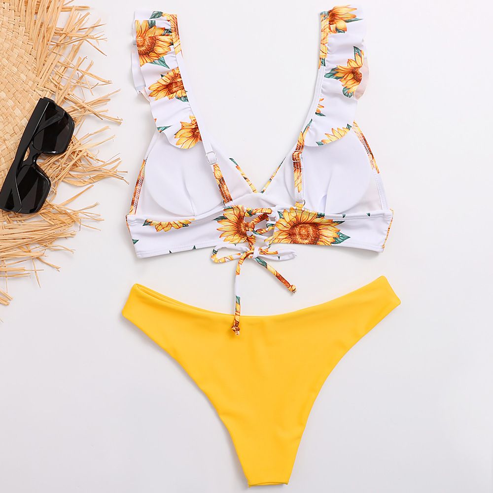 (image for) Sunflower Print Ruffle Strap Triangle Bikini Set Two‑Piece Swimwear for Women