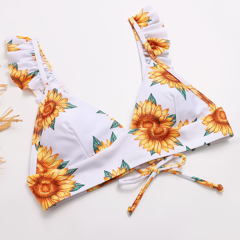 (image for) Sunflower Print Ruffle Strap Triangle Bikini Set Two‑Piece Swimwear for Women