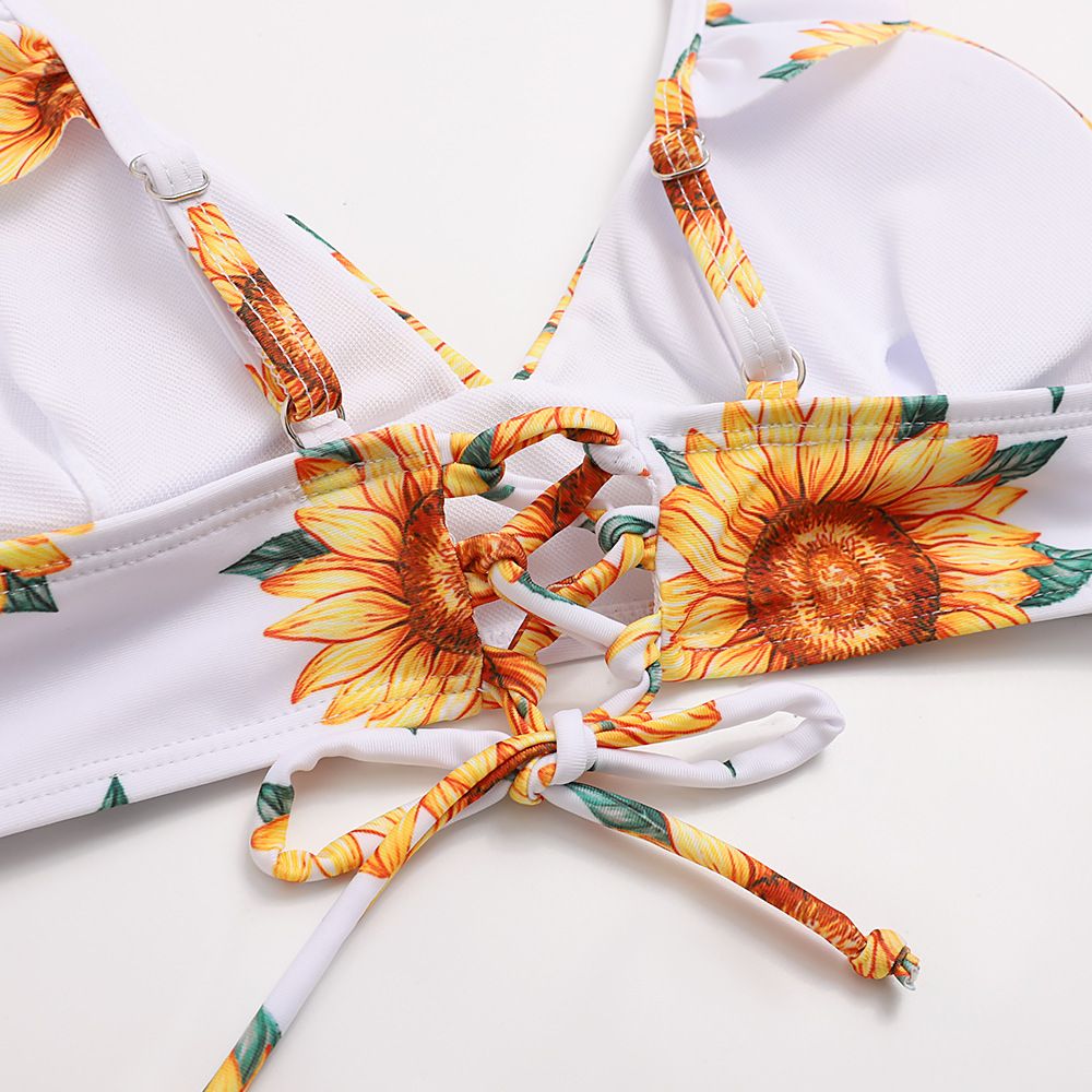 (image for) Sunflower Print Ruffle Strap Triangle Bikini Set Two‑Piece Swimwear for Women