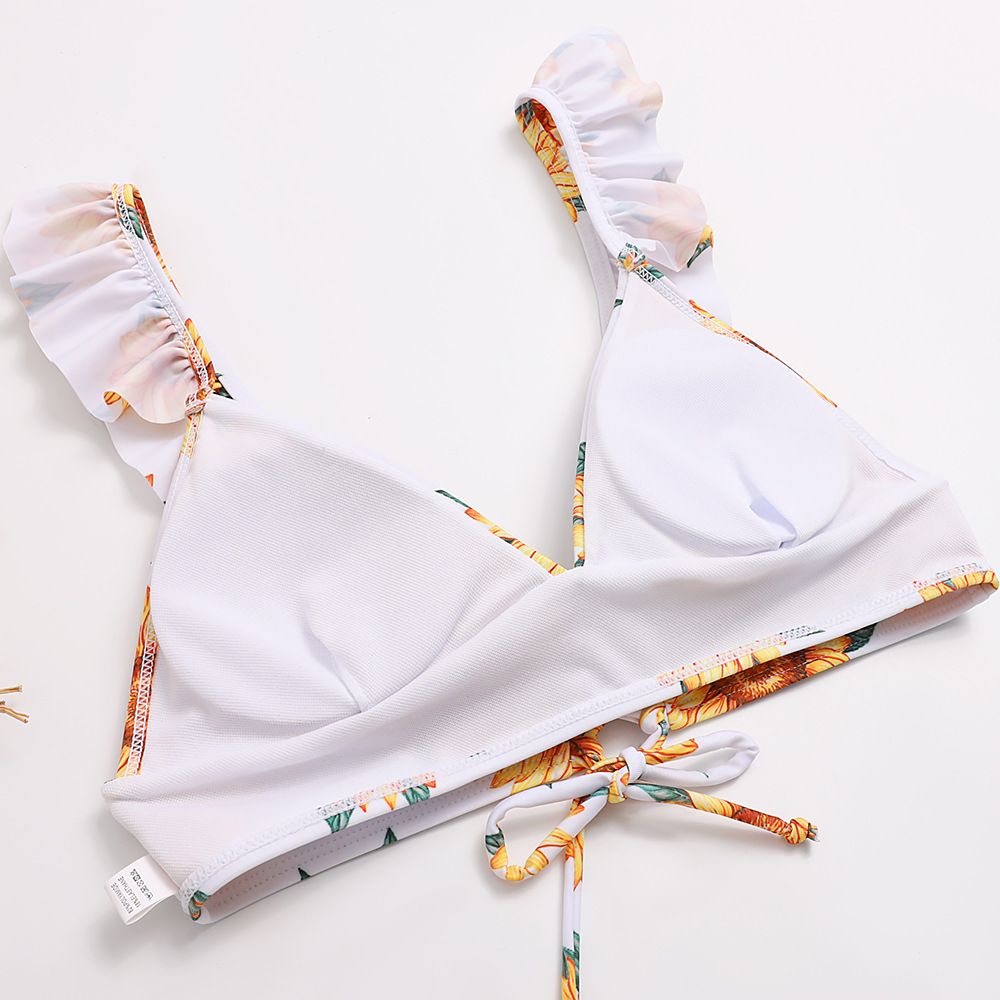 (image for) Sunflower Print Ruffle Strap Triangle Bikini Set Two‑Piece Swimwear for Women