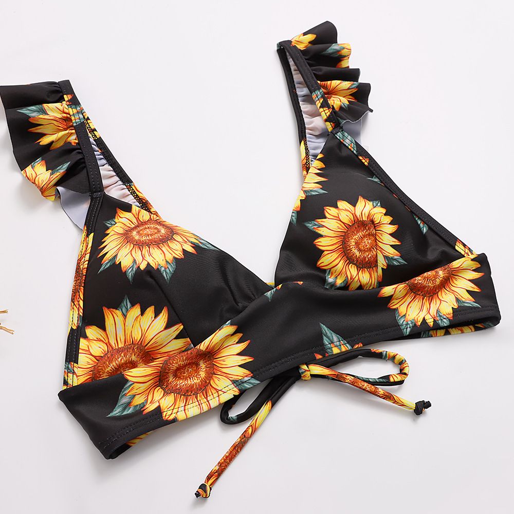 (image for) Sunflower Print Ruffle Strap Triangle Bikini Set Two‑Piece Swimwear for Women