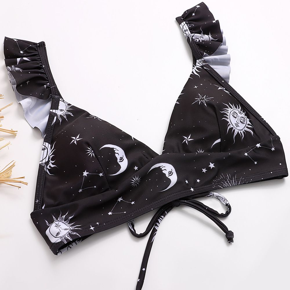 (image for) Sunflower Print Ruffle Strap Triangle Bikini Set Two‑Piece Swimwear for Women