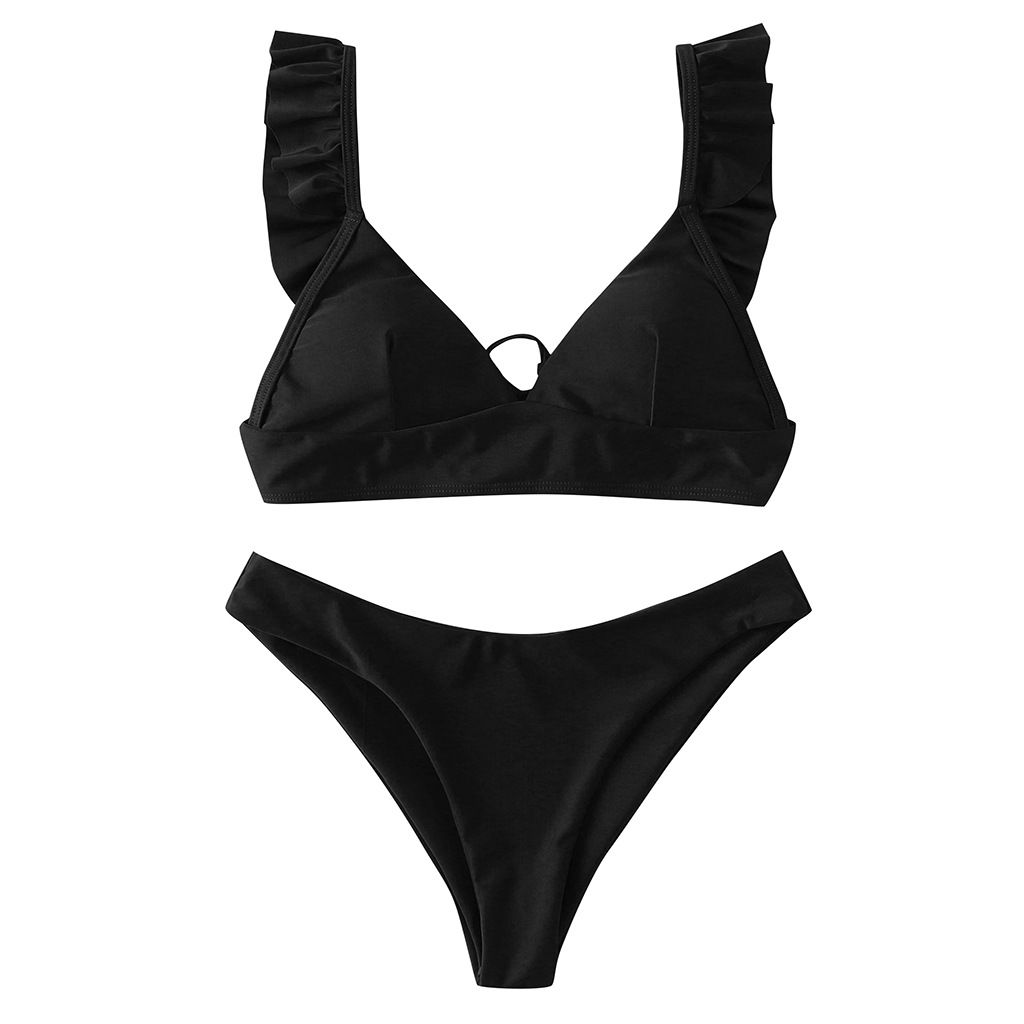(image for) Sunflower Print Ruffle Strap Triangle Bikini Set Two‑Piece Swimwear for Women