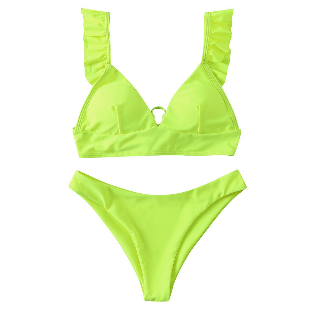 (image for) Sunflower Print Ruffle Strap Triangle Bikini Set Two‑Piece Swimwear for Women