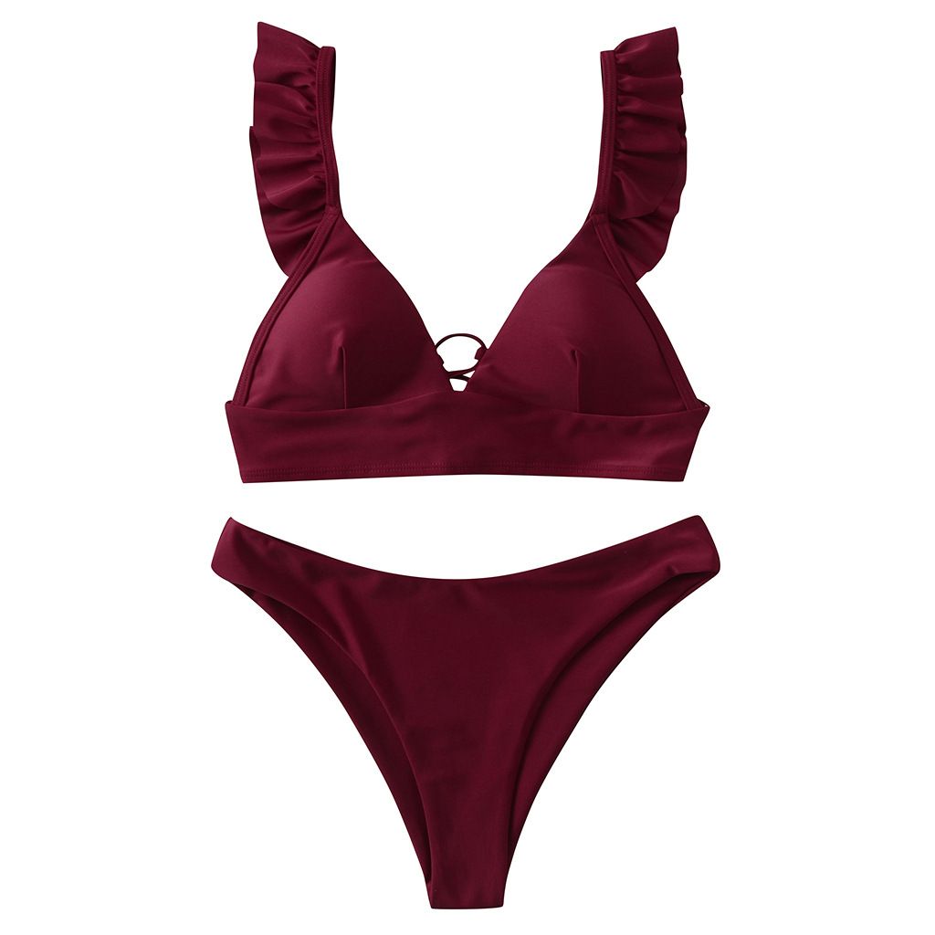 (image for) Sunflower Print Ruffle Strap Triangle Bikini Set Two‑Piece Swimwear for Women