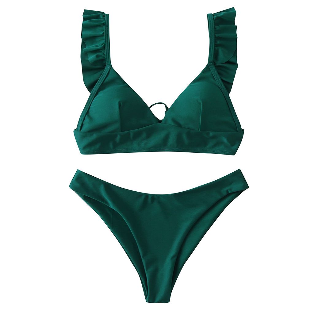 (image for) Sunflower Print Ruffle Strap Triangle Bikini Set Two‑Piece Swimwear for Women