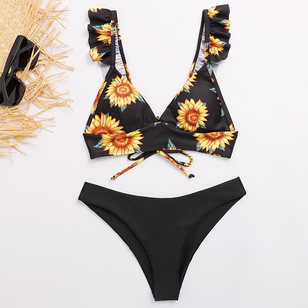 (image for) Sunflower Print Ruffle Strap Triangle Bikini Set Two‑Piece Swimwear for Women