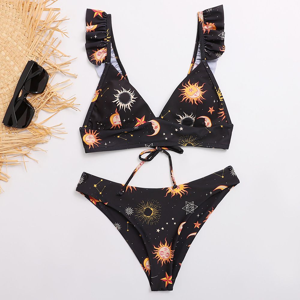 (image for) Sunflower Print Ruffle Strap Triangle Bikini Set Two‑Piece Swimwear for Women