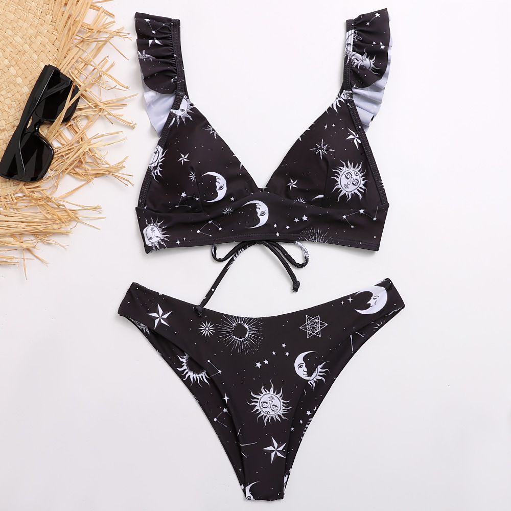 (image for) Sunflower Print Ruffle Strap Triangle Bikini Set Two‑Piece Swimwear for Women