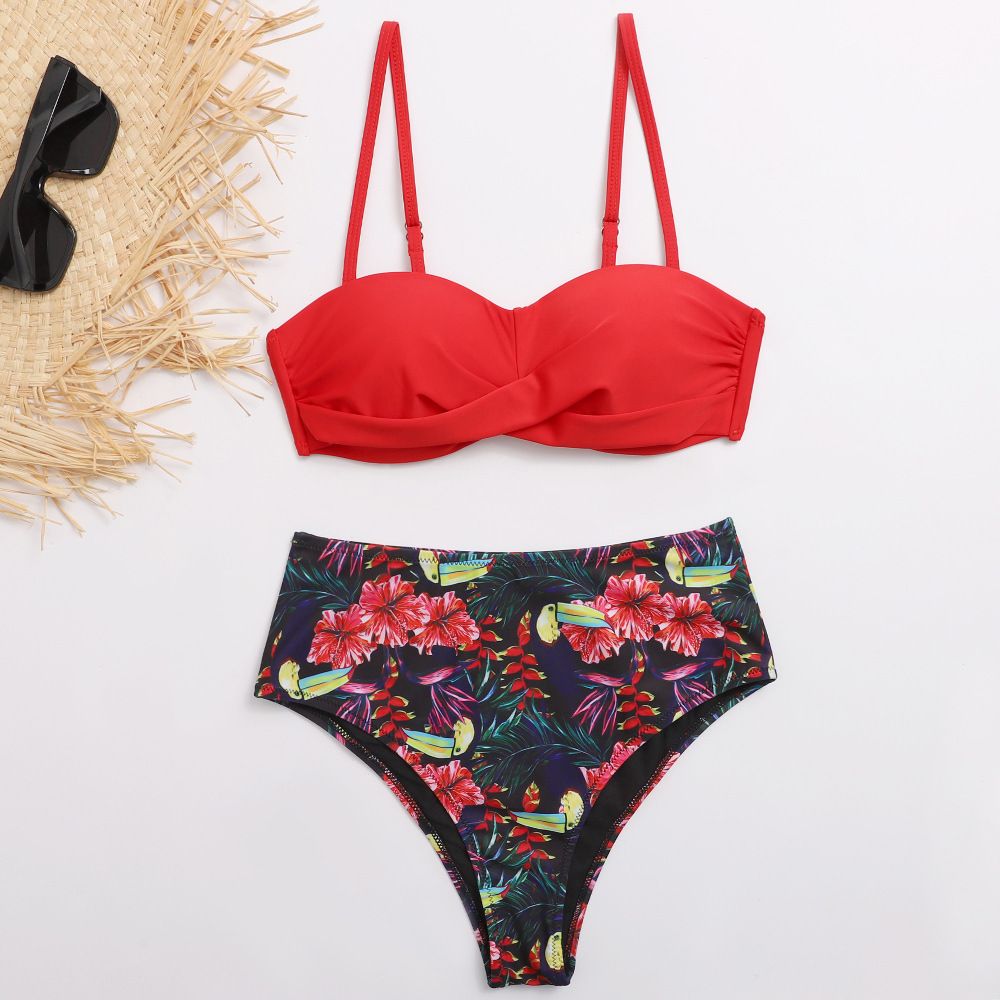 (image for) Twist Front Solid Top Floral Print High‑Waist Bikini Set Two‑Piece Swimwear for Women