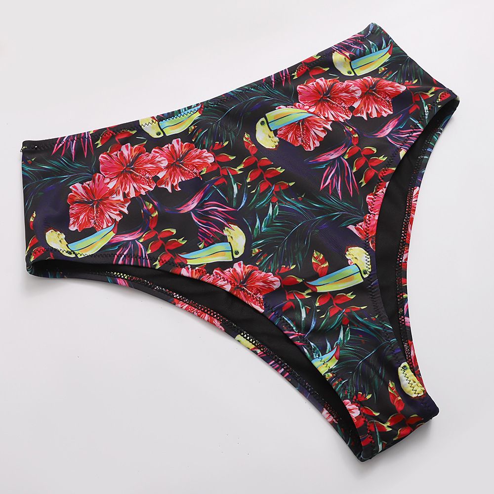 (image for) Twist Front Solid Top Floral Print High‑Waist Bikini Set Two‑Piece Swimwear for Women