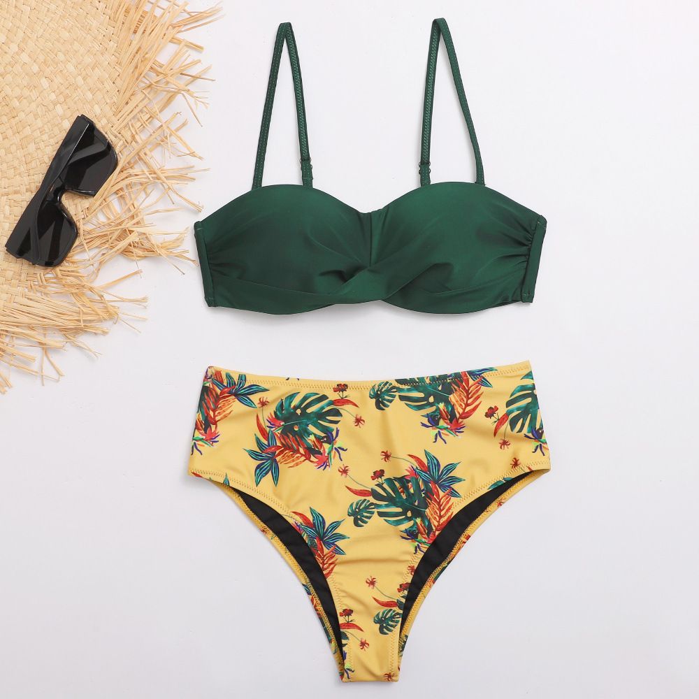 (image for) Twist Front Solid Top Floral Print High‑Waist Bikini Set Two‑Piece Swimwear for Women