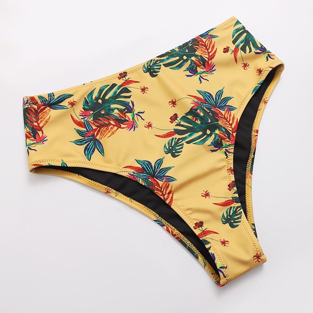 (image for) Twist Front Solid Top Floral Print High‑Waist Bikini Set Two‑Piece Swimwear for Women