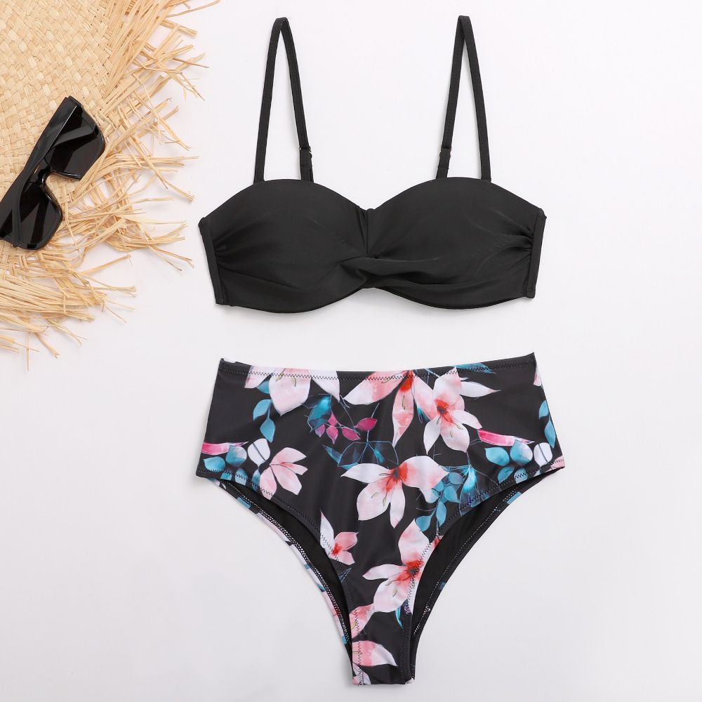 (image for) Twist Front Solid Top Floral Print High‑Waist Bikini Set Two‑Piece Swimwear for Women
