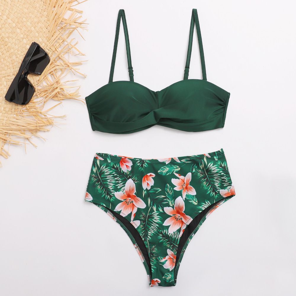 (image for) Twist Front Solid Top Floral Print High‑Waist Bikini Set Two‑Piece Swimwear for Women