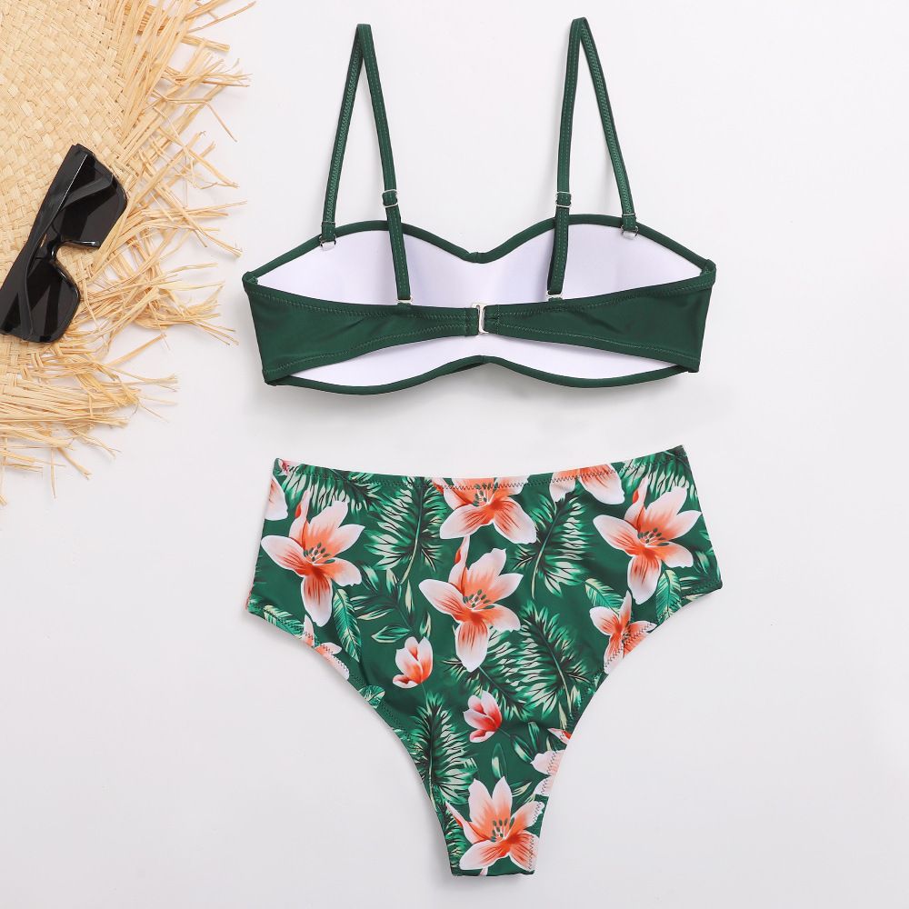 (image for) Twist Front Solid Top Floral Print High‑Waist Bikini Set Two‑Piece Swimwear for Women