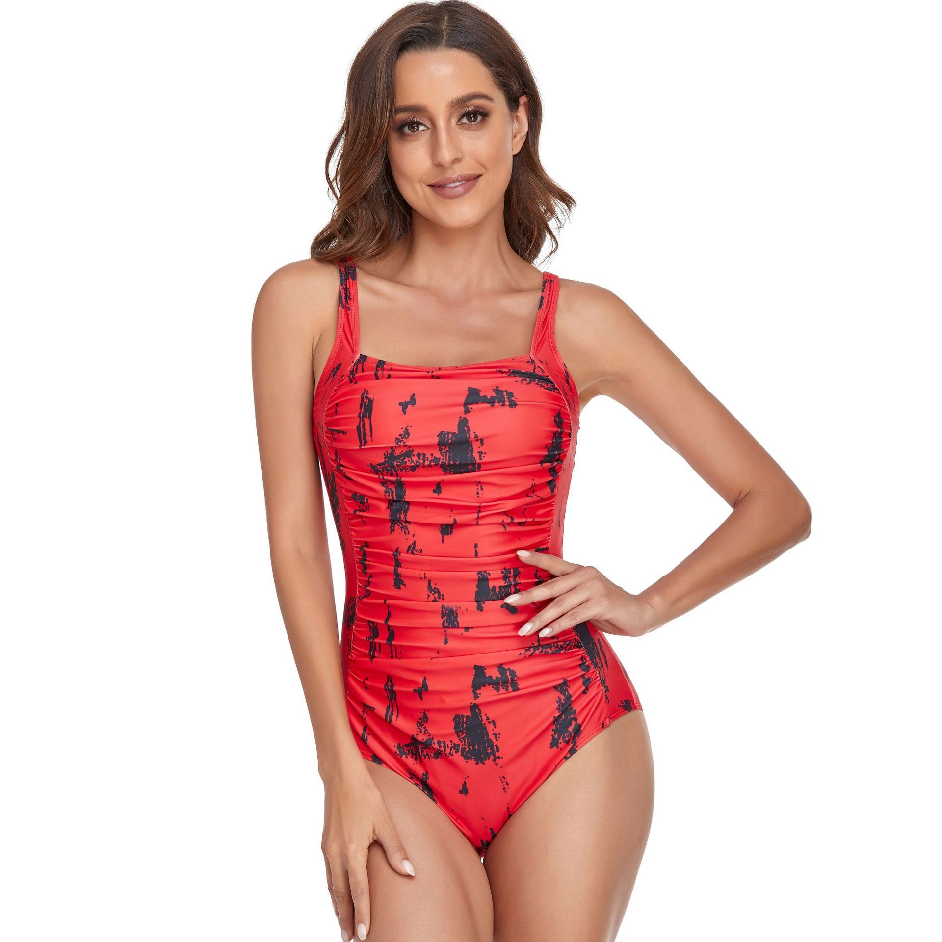 (image for) Women Tie‑Dye Square Neck One‑Piece Swimsuit Conservative Tummy Control Bathing Suit