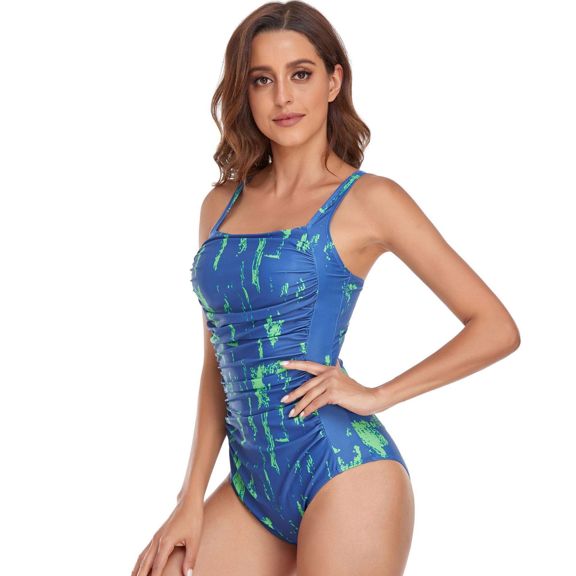 (image for) Women Tie‑Dye Square Neck One‑Piece Swimsuit Conservative Tummy Control Bathing Suit