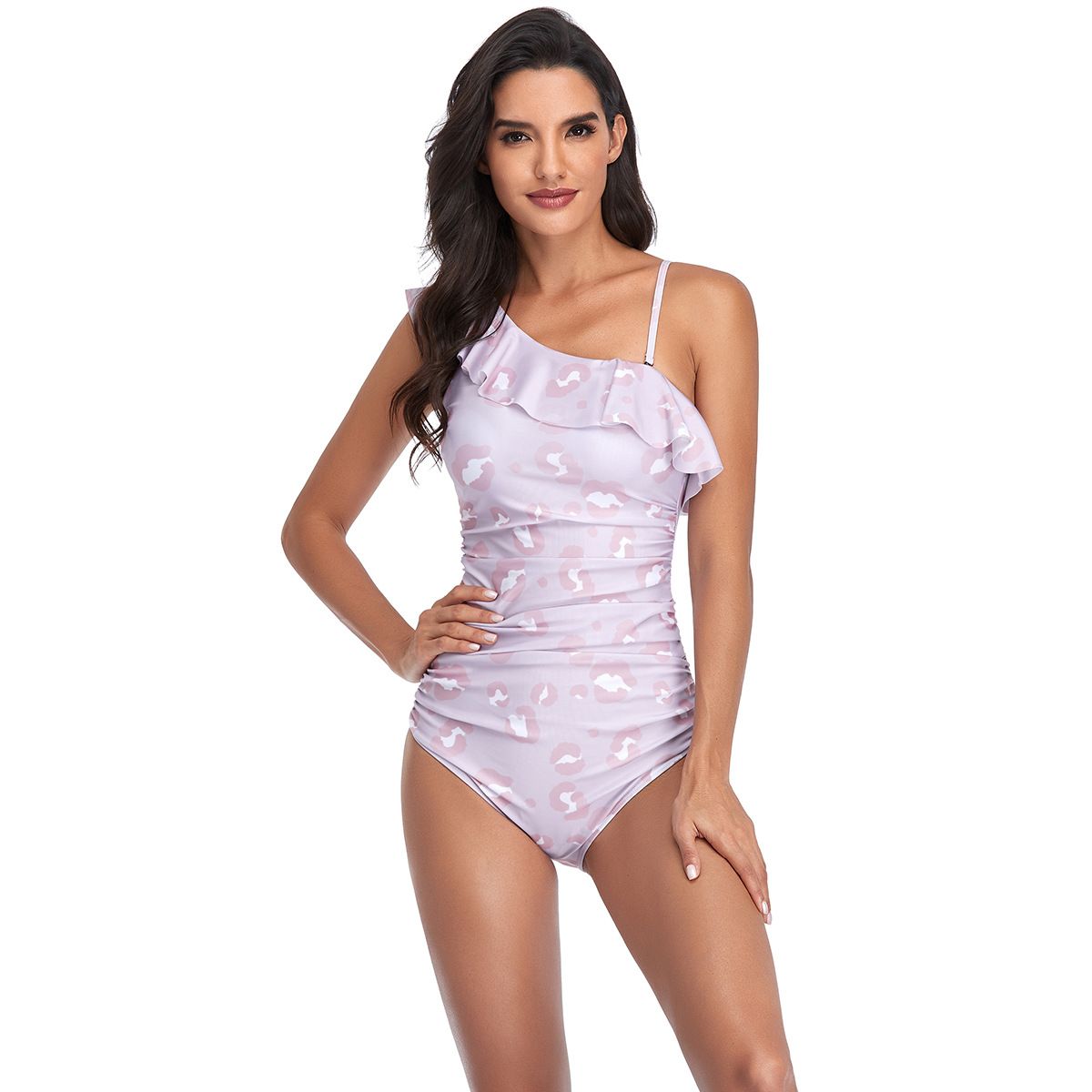 (image for) Women One‑Shoulder Ruffle Leopard Print One‑Piece Swimsuit Backless Bikini Bathing Suit