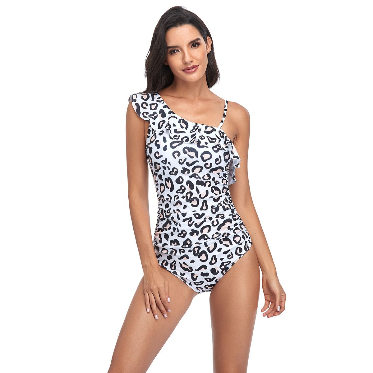 (image for) Women One‑Shoulder Ruffle Leopard Print One‑Piece Swimsuit Backless Bikini Bathing Suit