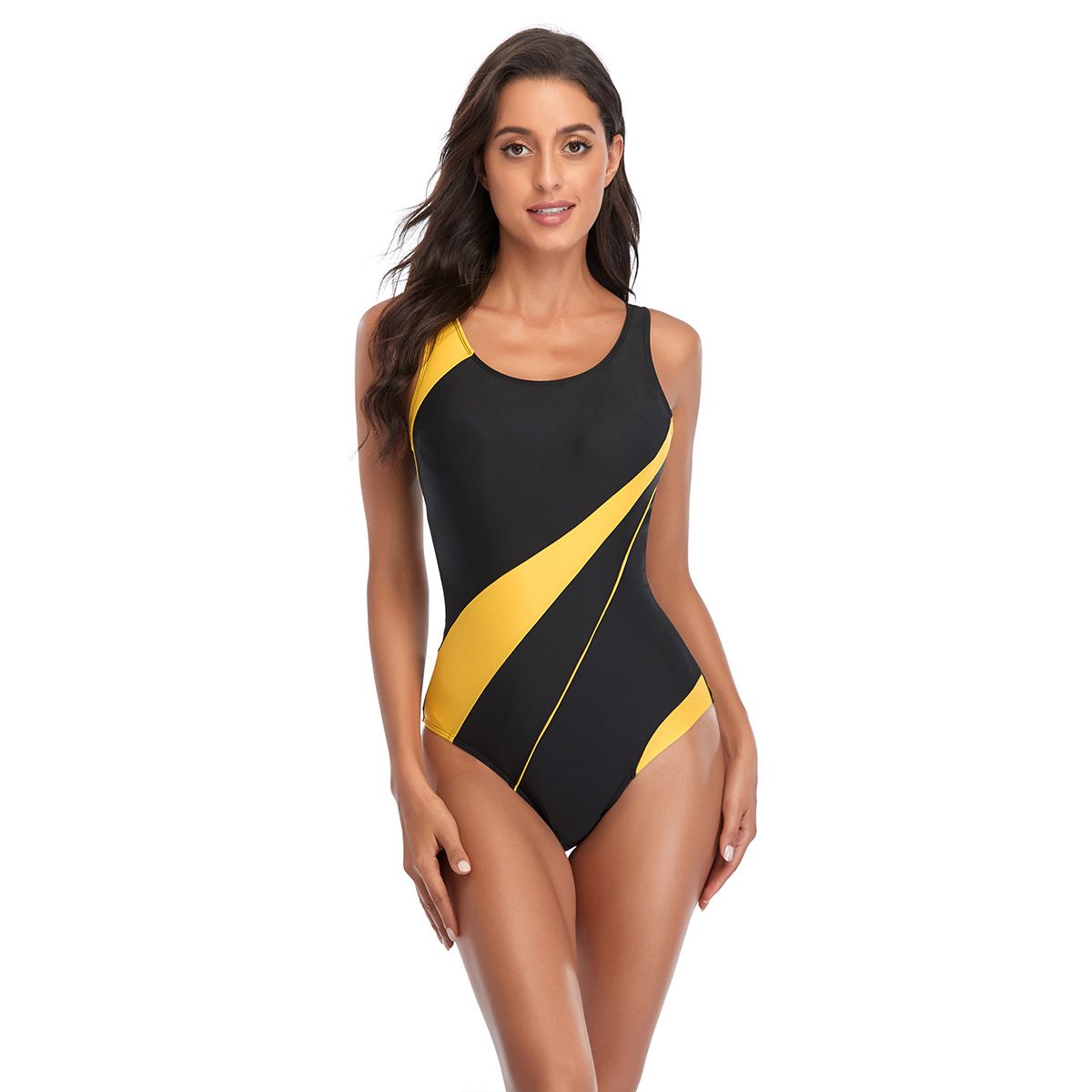 (image for) New Women Sport One‑Piece Swimsuit Color Block Conservative Adult Bathing Suit