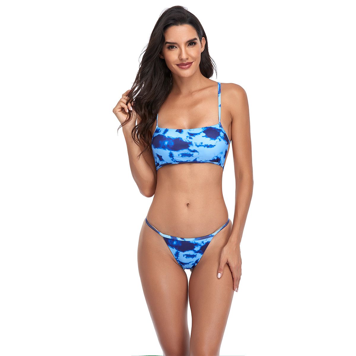 (image for) Tie‑Dye Print Bandeau Bikini Set Spaghetti Straps Two‑Piece Women Swimwear
