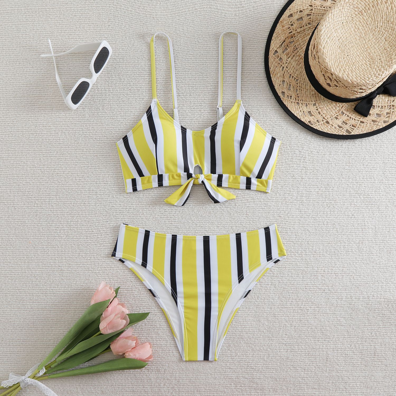 (image for) Striped Bow‑Front High Waist Bikini Set Spaghetti Strap Two‑Piece Women Swimsuit