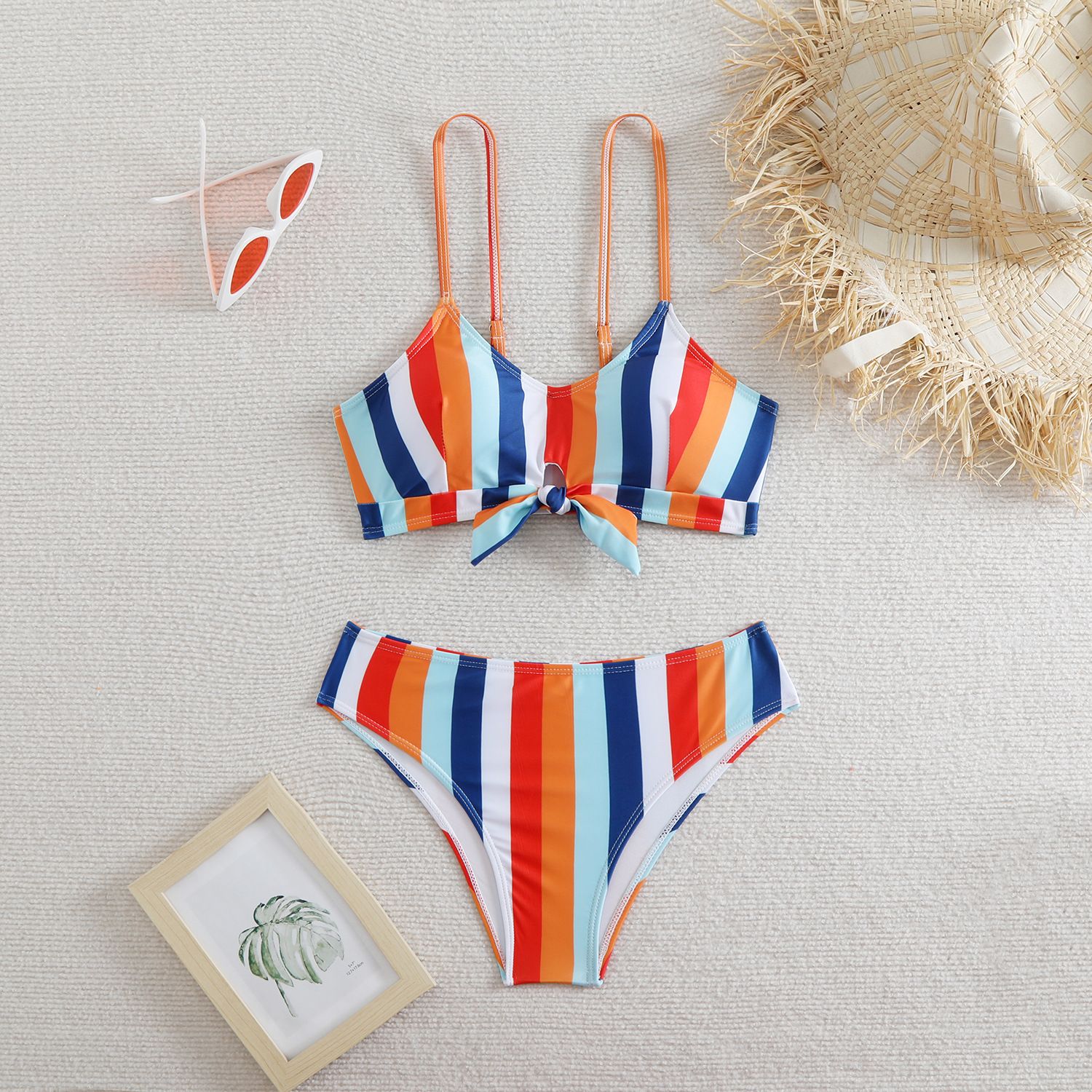 (image for) Striped Bow‑Front High Waist Bikini Set Spaghetti Strap Two‑Piece Women Swimsuit