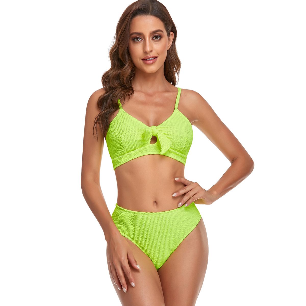 (image for) Solid Waffle High‑Waisted Bow Bikini Set Women Two‑Piece Swimwear Bathing Suit