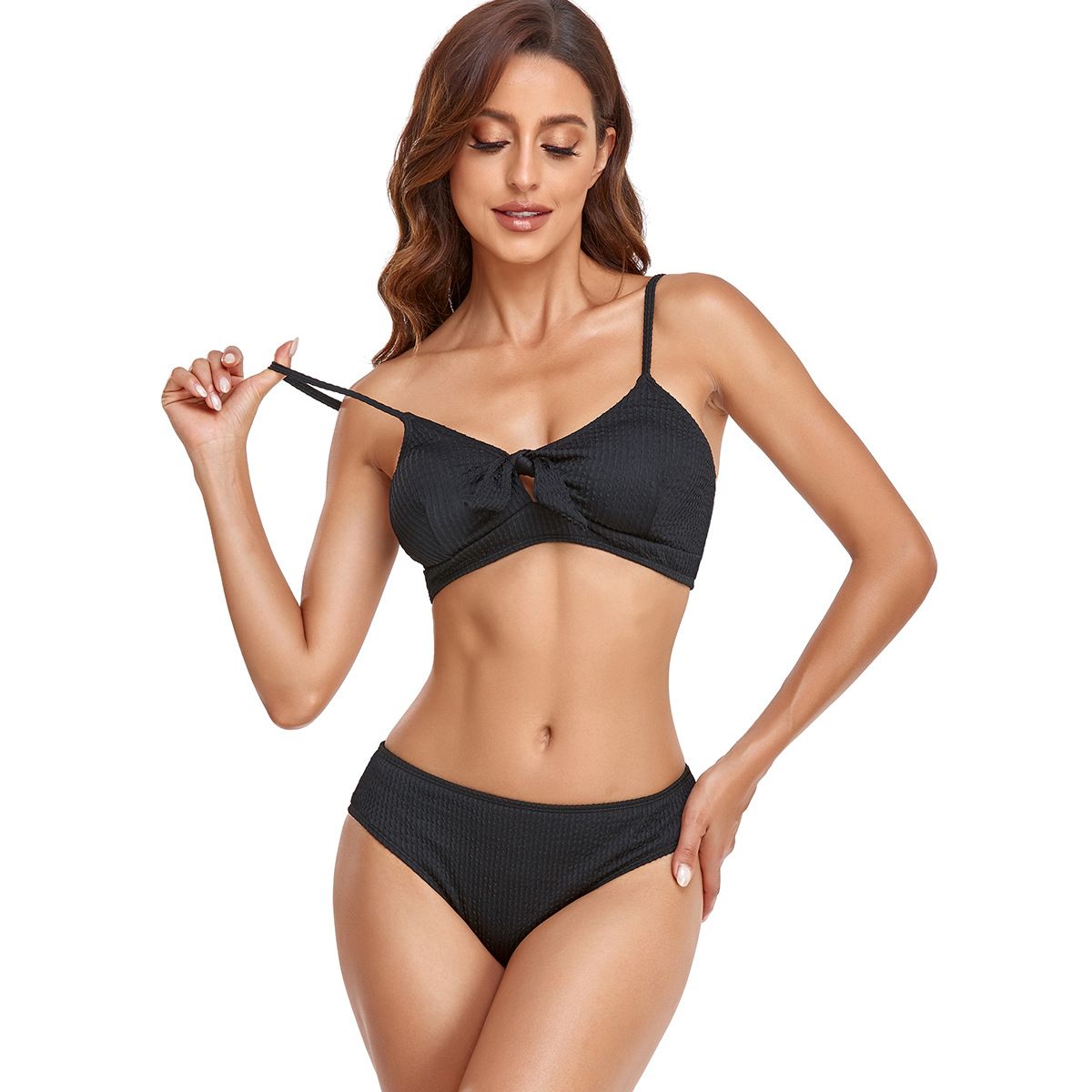 (image for) Solid Waffle High‑Waisted Bow Bikini Set Women Two‑Piece Swimwear Bathing Suit