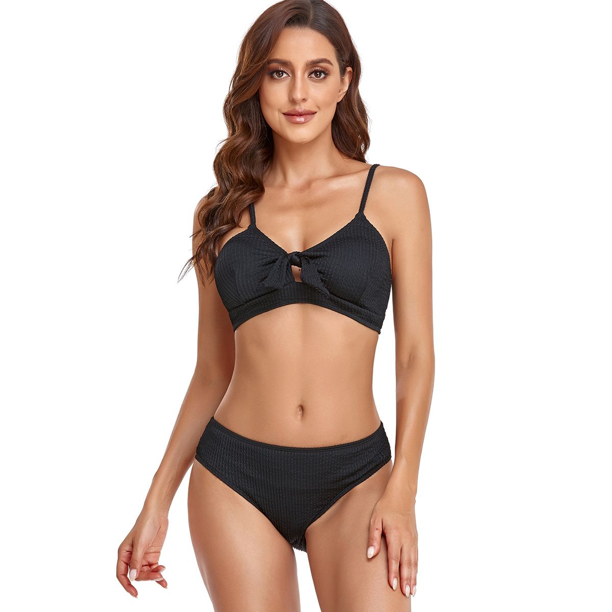 (image for) Solid Waffle High‑Waisted Bow Bikini Set Women Two‑Piece Swimwear Bathing Suit
