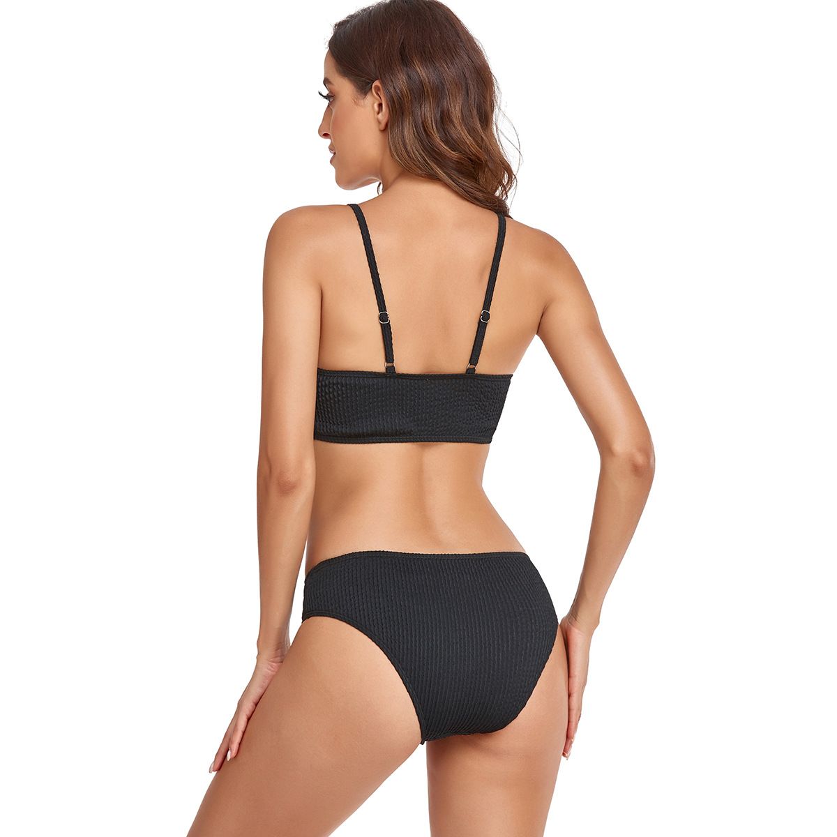 (image for) Solid Waffle High‑Waisted Bow Bikini Set Women Two‑Piece Swimwear Bathing Suit