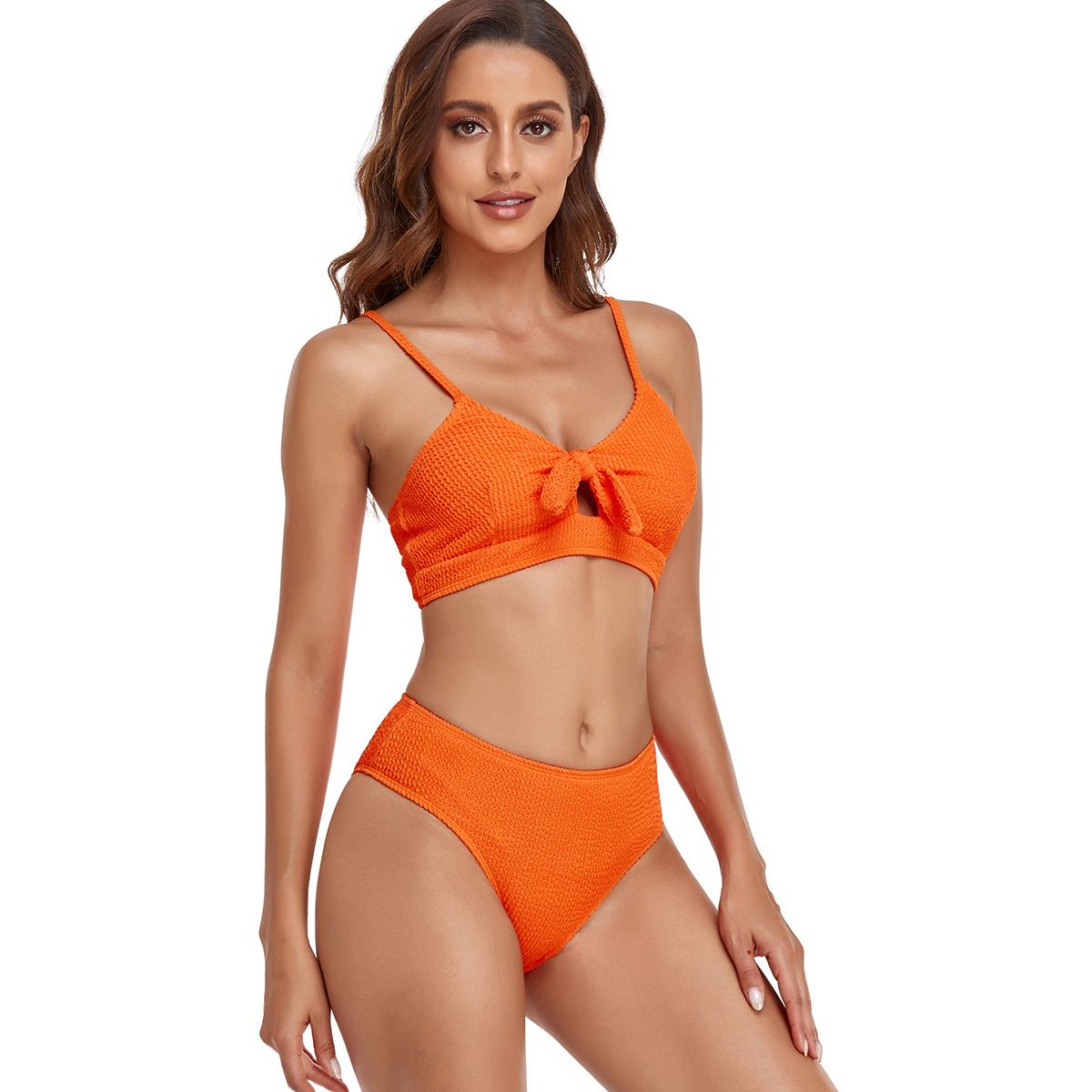 (image for) Solid Waffle High‑Waisted Bow Bikini Set Women Two‑Piece Swimwear Bathing Suit