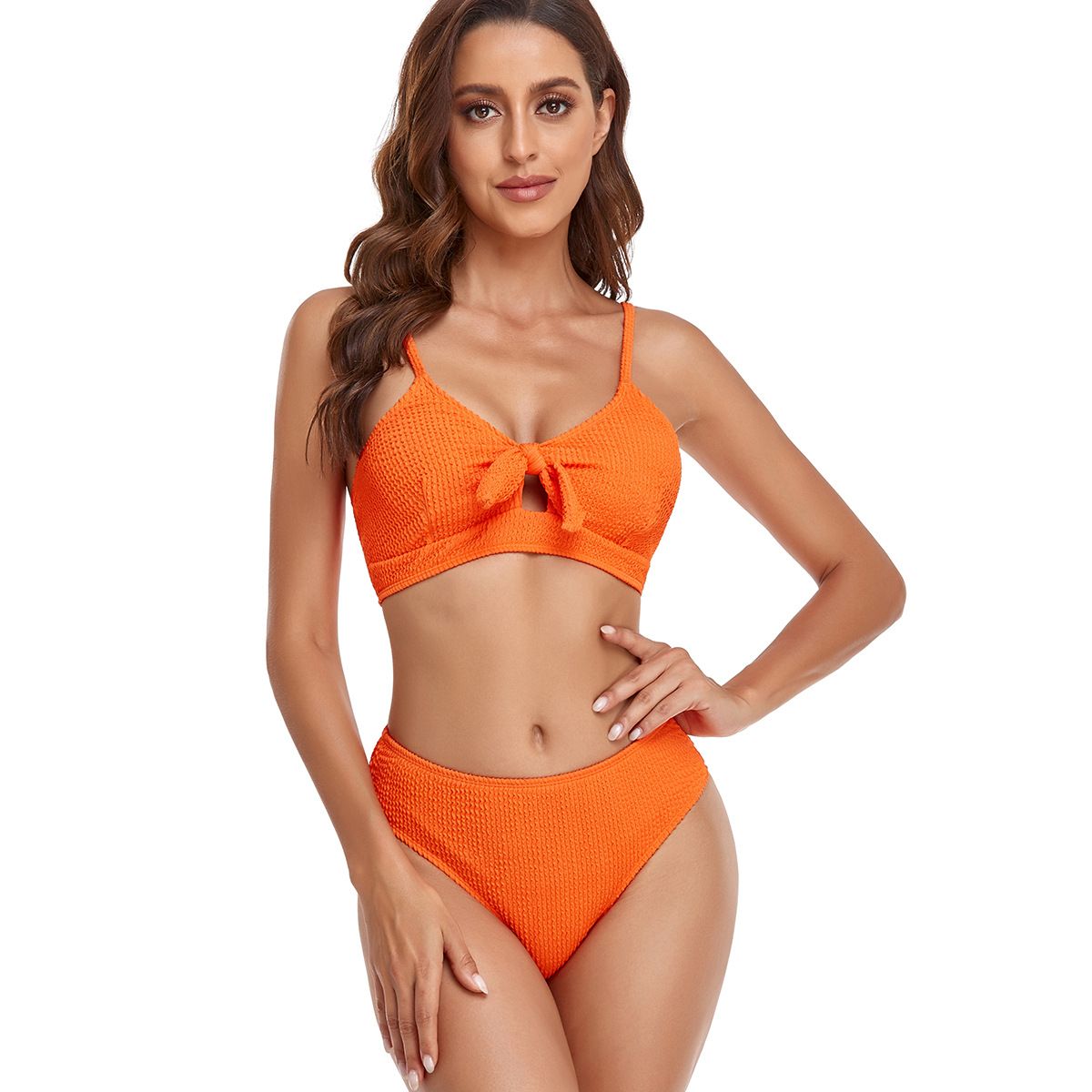 (image for) Solid Waffle High‑Waisted Bow Bikini Set Women Two‑Piece Swimwear Bathing Suit