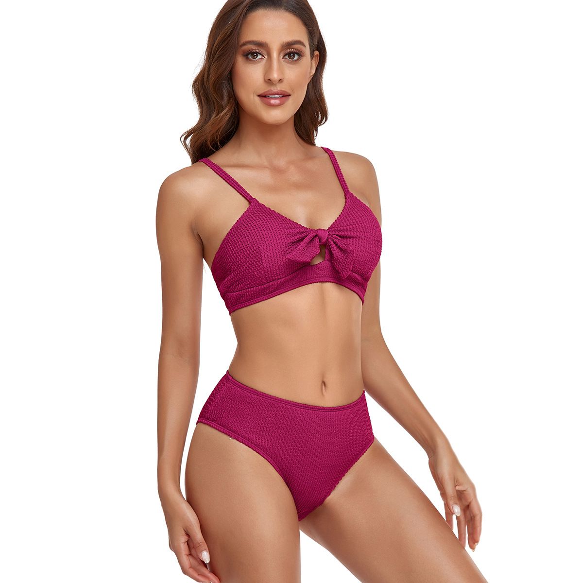 (image for) Solid Waffle High‑Waisted Bow Bikini Set Women Two‑Piece Swimwear Bathing Suit