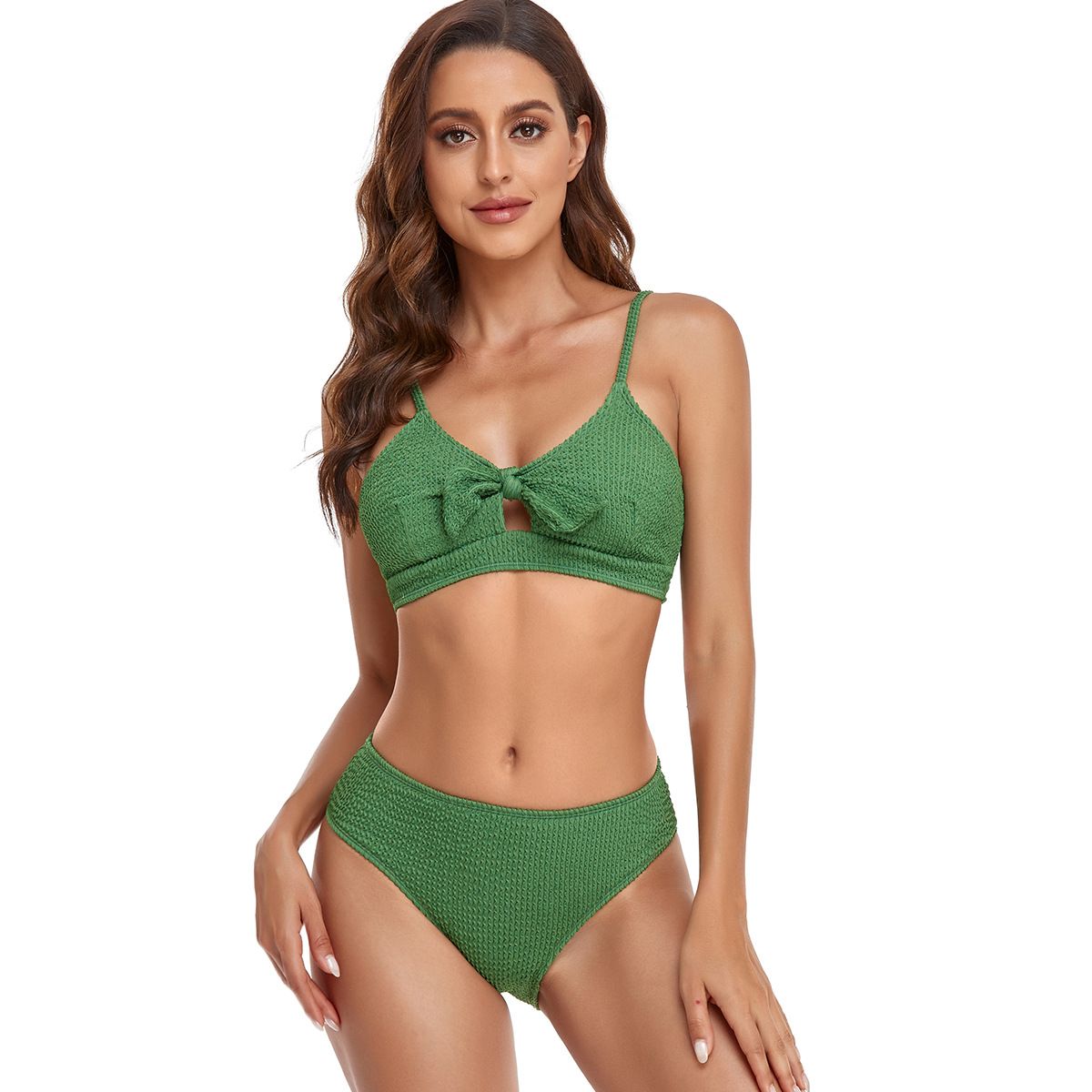 (image for) Solid Waffle High‑Waisted Bow Bikini Set Women Two‑Piece Swimwear Bathing Suit