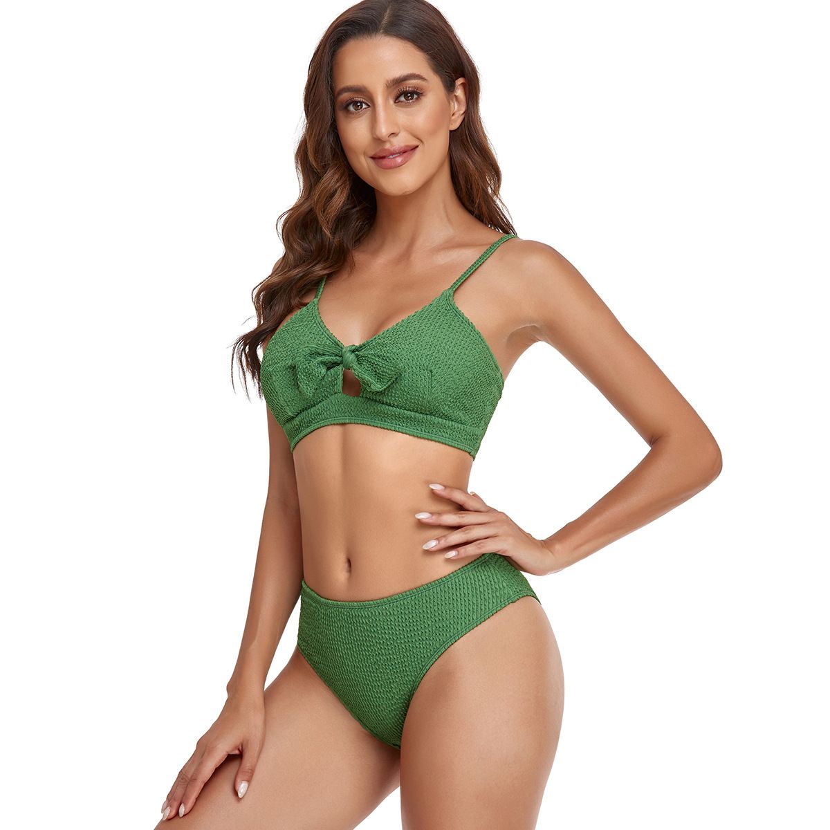 (image for) Solid Waffle High‑Waisted Bow Bikini Set Women Two‑Piece Swimwear Bathing Suit