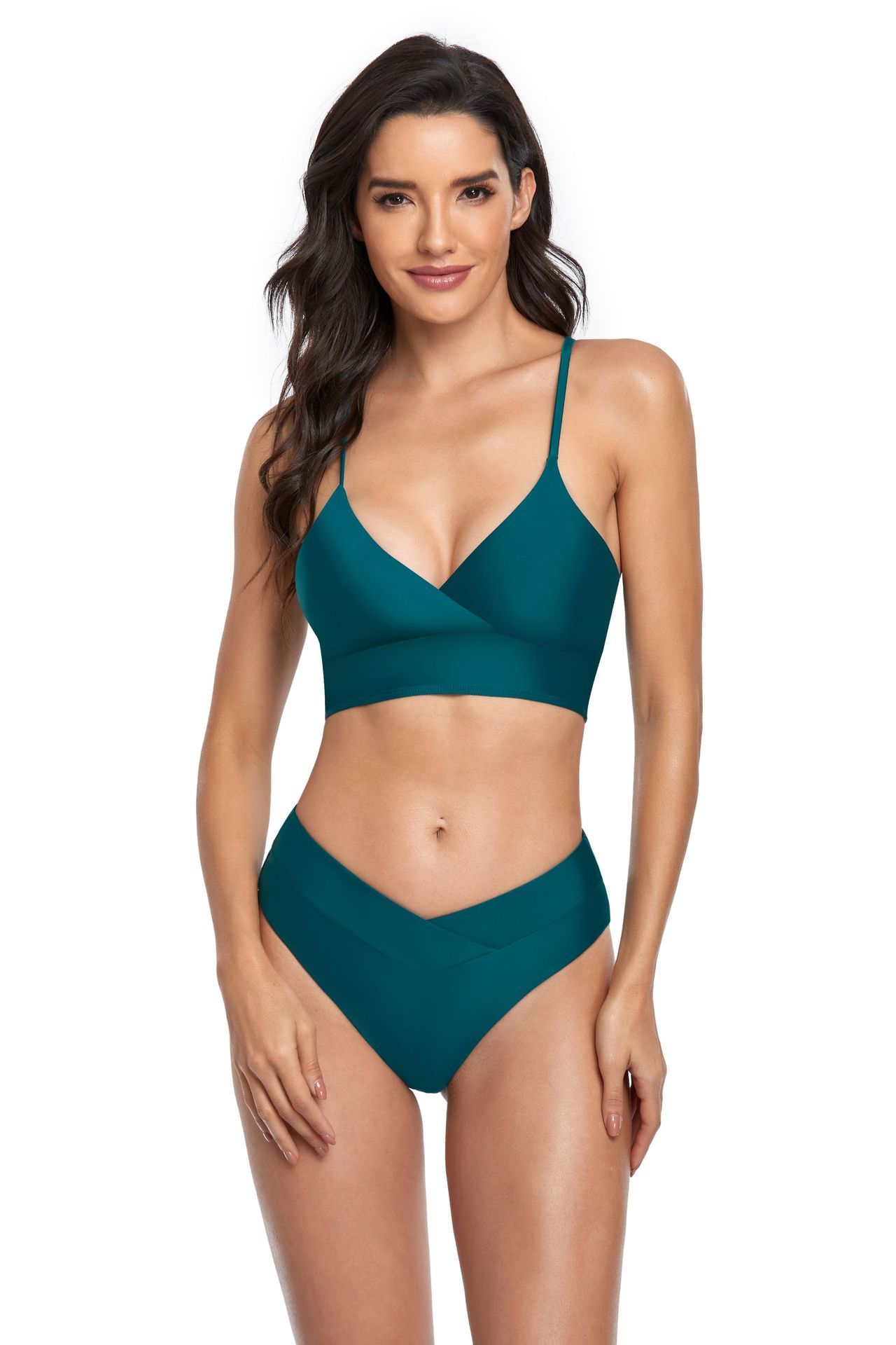 (image for) Solid Color V‑Neck Two‑Piece Bikini Set Women High Cut Bathing Suit Swimwear