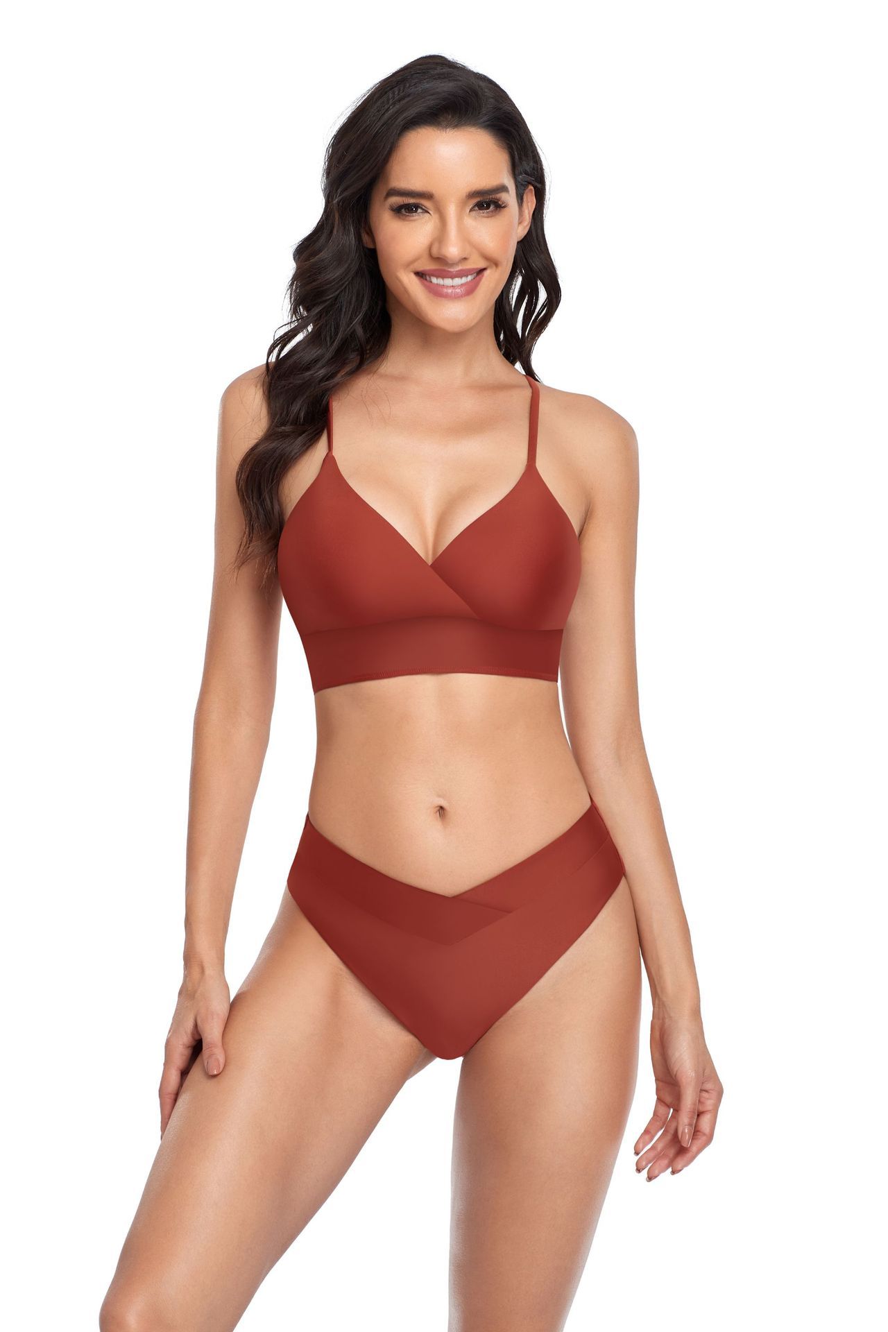 (image for) Solid Color V‑Neck Two‑Piece Bikini Set Women High Cut Bathing Suit Swimwear