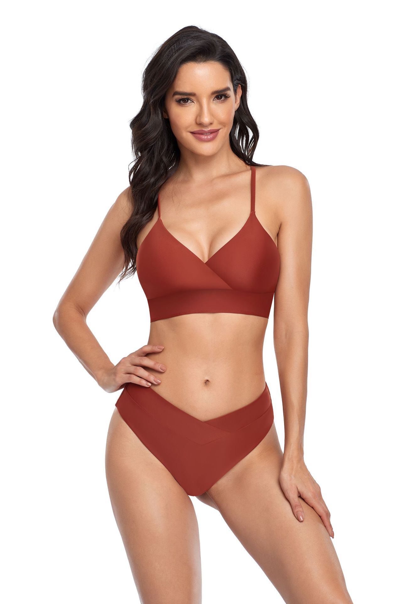 (image for) Solid Color V‑Neck Two‑Piece Bikini Set Women High Cut Bathing Suit Swimwear