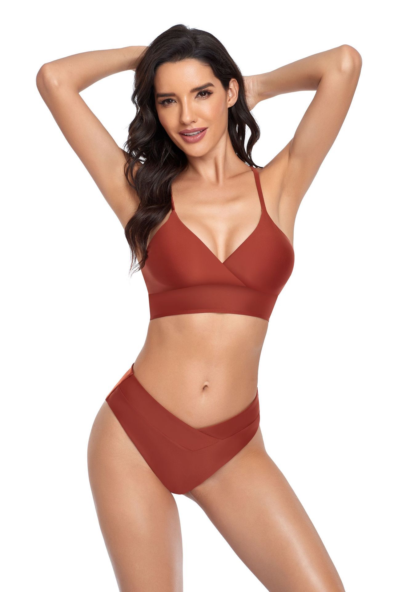 (image for) Solid Color V‑Neck Two‑Piece Bikini Set Women High Cut Bathing Suit Swimwear
